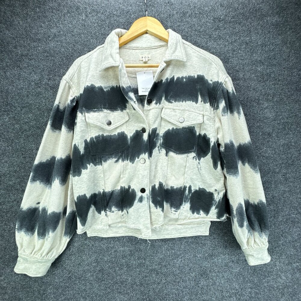 POL Knit Jacket Womens Small Swish Splash Tie Dye Boxy Raw Front‎ Hem Oversized